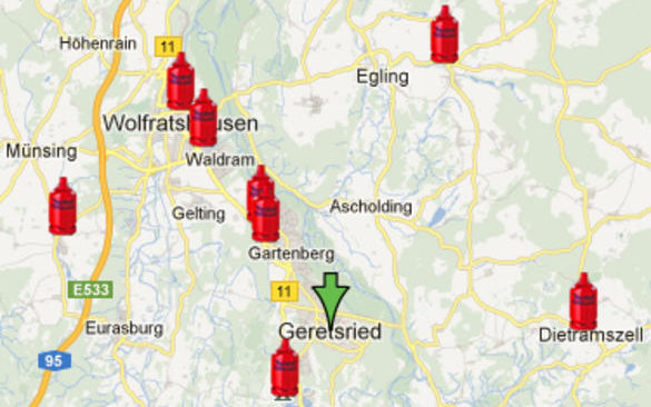 Ausschnitt einer Landkarte mit Symbolen als Gasflasche, die eine Flaschengasverkaufsstelle markieren